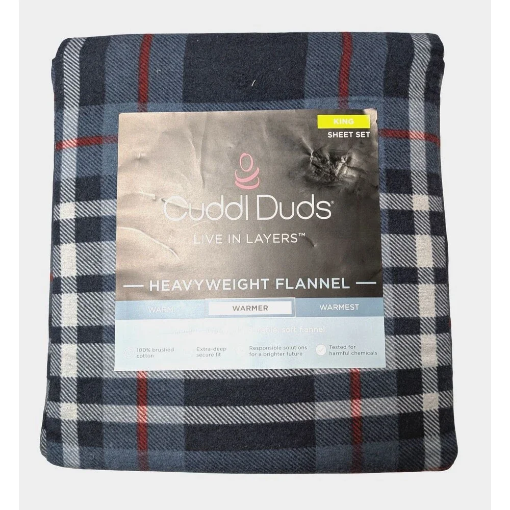 NEW Cuddl Duds King Heavyweight Cotton Flannel Sheet Set Navy And Red Plaid